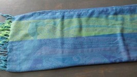 Women&#39;s Wrap Fringed Scarf Blue Green Polyester Soft Feel Inlay Design 4... - $16.70