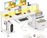 63 Inch Computer Desk With Power Outlet And Led Light, Reversible Office... - £231.96 GBP