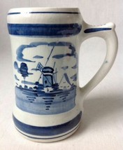 Vintage Delfts Holland Mug Stein Blue White Handpainted Windmill 444 As Is 4.75&quot; - £11.14 GBP