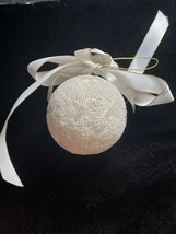 Vintage White Seed Beaded  Glass Hand Made Christmas Ornament W/ Bow - £6.04 GBP