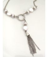 Silver Tone Necklace with Faux Pearls and Chain Tassel - $14.10