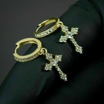 2.50CT Moissanite Cross Drop Dangle Hoop Earrings 14K Yellow Gold Plated Silver - £119.42 GBP