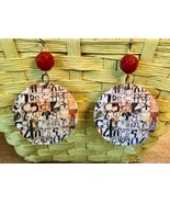 ABSTRACT PRINT Decoupage &amp; Glitter Wooden Round Dangling Earrings w/ Red... - £10.35 GBP