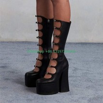 Thick Sole Black Hollow Calf Boots Side Zipper Rough Square Heel Pole Dance Shoe - £148.45 GBP