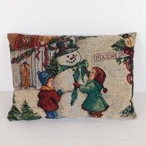 Christmas Tapestry Throw Pillow Snowman Kids Holiday Dr. Sled 15.5x11.5 Burgundy - £7.64 GBP