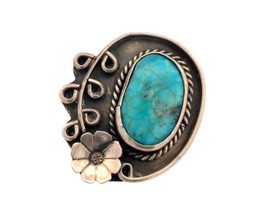 Vintage Sterling Silver Southwest Handmade Rare Floral Designed Turquoise Ring - £59.28 GBP