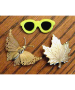 Scatter Pin LOT of 3 Gold Plated Butterfly Fall Maple Leaf Sunglasses Br... - £10.06 GBP