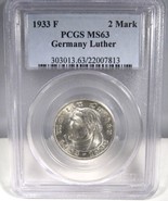 Low-Pop 1933-F Germany Silver 2 Mark Luther PCGS MS63 AN773 - £128.00 GBP