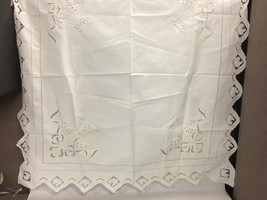 Vintage Square White Linen Tablecloth Hemstitched and Floral Embroidery ... - $24.25