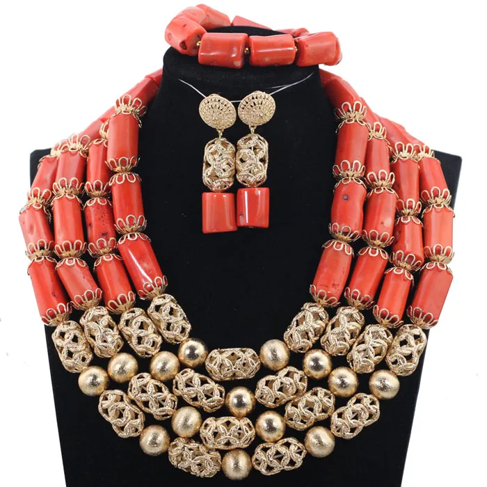 Real Coral Gold Accessory Dubai Party Engagement Fashion 4 Layers Coral Beads Ne - $272.42