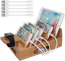 New Bamboo Charging Station &amp; Organizer for Multiple Devices, Wood Deskt... - £31.41 GBP