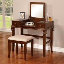 Walnut 3 pc Vanity Set Mirror Wooden Table Stool Makeup Drawer Bedroom Desk - £480.34 GBP