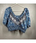 NWT Joie Blue Purple Tie Front Half Sleeve Floral Crop Top Size Large - $54.16 CAD