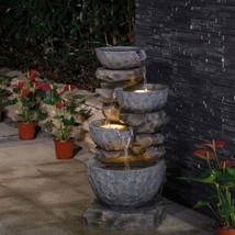 Water Fountain Outdoor Indoor LED Light Polyresin Stacked Stone Tiered B... - $348.89