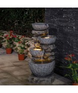 Water Fountain Outdoor Indoor LED Light Polyresin Stacked Stone Tiered B... - $348.89