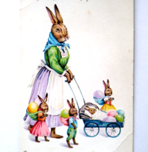 Easter Postcard Dressed Rabbits Bunny Family Baby Stroller Eggs Fantasy Stecher - £13.04 GBP