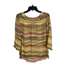Chicos Womens Shirt Adult Size 1=Medium Yellow Green Strips Sheer 3/4 Sleeve - £18.30 GBP