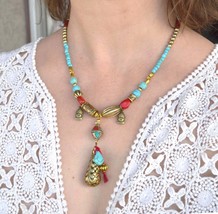 Turquoise necklace, turquoise and coral tribal necklace (394) - £33.21 GBP