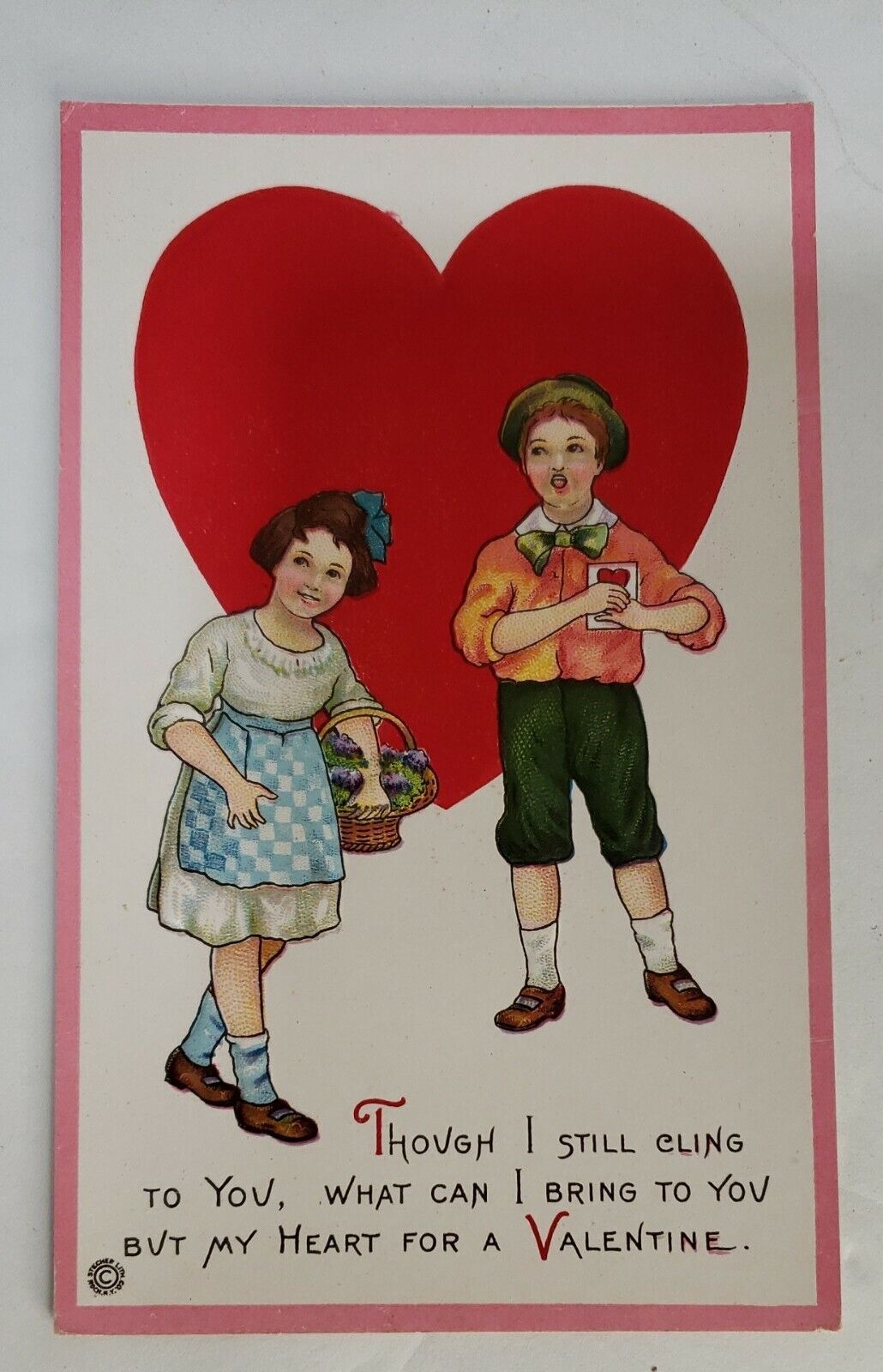 Primary image for Antique Valentine Postcard Embossed undivided back unused Boy &Girl Big Heart