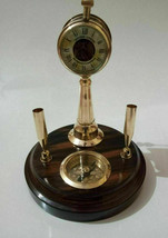 Wooden base nautical brass pen holder w/ compass,clock office/home vinta... - £57.50 GBP