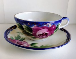 Antique Cup &amp; Saucer Cobalt Blue Pink Flower Takito Double Diamond Double T&#39;s - £9.44 GBP