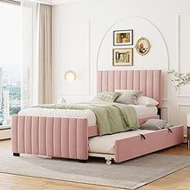 Merax Velvet Upholstered Platform, Wood Frame Trundle, Twin Size Bed, Pink - £351.46 GBP
