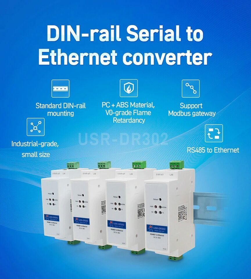 Din Rail USR-DR302 RS485 to Ethernet Converter TCP IP Server Module RTU ... - $39.95