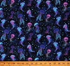 Cotton Jellyfish Aquatic Animals Ocean Midnight Fabric Print by Yard D786.19 - £11.95 GBP