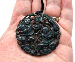 Intricately Sculpted &amp; Pierced Almost Black Spinach Jade Pendant 2 Peopl... - £103.60 GBP