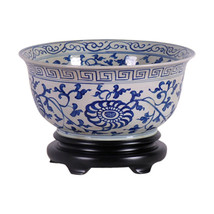Blue and White Porcelain Floral Chinese Bowl with Stand 12&quot; - £179.10 GBP