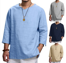 Mens Casual Long Sleeve Cotton Linen Blouse Loose Henley V-Neck Tops T S... - $19.99