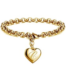 Initial Charm Gold-Color Bracelets Stainless Steel Heart 26 Letters Alphabet Bra - £14.21 GBP