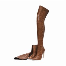 Over The Knee Snakeskin Boots Women Retro Bright Brown Sexy Boots 12Cm Thin Heel - £106.82 GBP