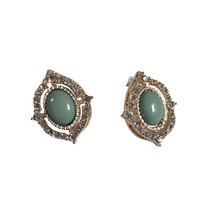Rhinestone Green Cabochon Vintage Earrings Post Back Women Fashion Jewelry - £29.41 GBP