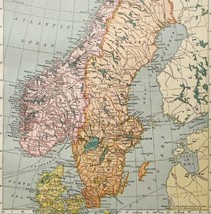 Scandinavia Map Lithograph 1909 Hammond Art Print Europe LGADMap - £32.68 GBP