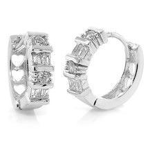 Sterling Silver 925 Simulated White Sapphire Huggie Earrings w/ Hearts - £30.77 GBP