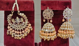 Peach Mirror Work Jhumka Jhumki Earrings Bollywood Ethnic Jewelry Set Women - £22.27 GBP
