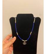 Lotus pendant necklace yoga chakra flower enamel seed bead navy blue sil... - £11.99 GBP