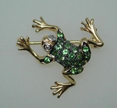 2Ct Simulated Green Emerald &amp; Diamond Frog Pin Brooch925 Silver Gold Plated - £119.71 GBP