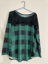 Plus Size Green Flannel Lace Top XL Long Sleeve Top Shirt Blouse - £13.87 GBP