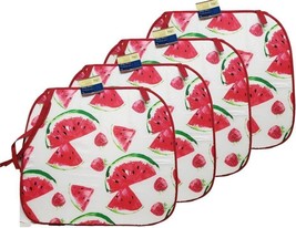 Set of 4 Same Printed Thin Cushion Chair Pads w/red ties, WATERMELONS, GR - £15.56 GBP