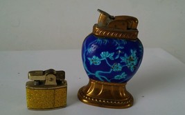 Antique Vintage 2 Small Brass Blue Enamel Evans Fuel Lighter and Marhill lighter - $21.29