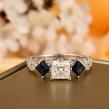 Solid 14K White Gold 2.60Ct Simulated Diamond &amp; Sapphire Engagement Ring Size 7 - £198.51 GBP