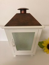 White Copper Lantern For Votive Candle Pebbled Glass Farmhouse Modern Cottage 7” - £11.96 GBP