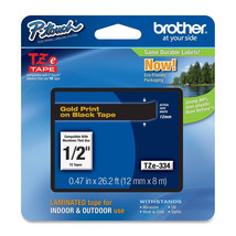 Brother TZ334 TZe334 12mm 1/2 inch gold on black TZ tape P-Touch PT1090 ... - $25.65