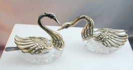 2 Vin Crystal &amp; Sterling Figural Swan Open Salts Moving Wings Unusual Shape - £137.61 GBP