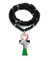 Silver Tone ANKH Cross with Africa Motif Black Wooden Bead Chain Necklace - £18.81 GBP