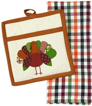 Kitchen Cotton Set Of 2: 1 Jumbo Pot Holder &amp; Towel, Thanksgiving Day Turkey, Hc - £10.07 GBP