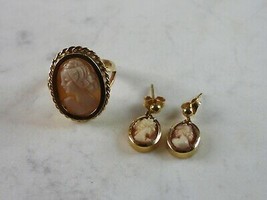 Womens Vintage Estate Cameo 18K Yellow Gold Earrings &amp; Ring Set 8.5g E2365 - £1,114.72 GBP