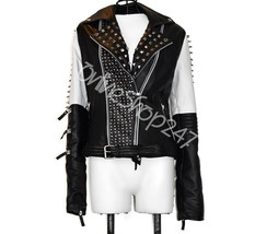 New Women White Black Full Silver Studded Embellished Zipper Punk Leather Jacket - £261.00 GBP